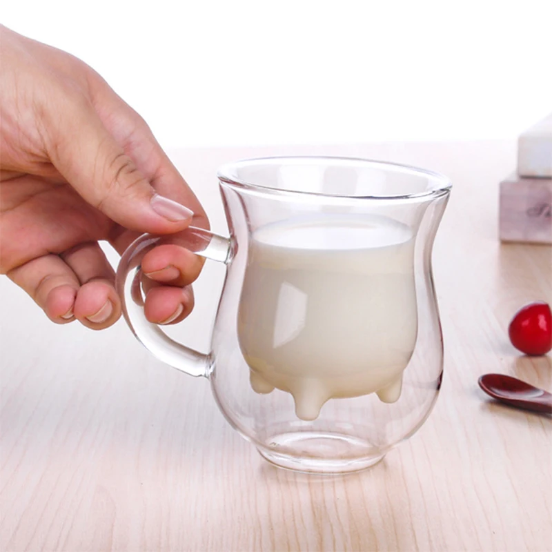 Novelty Dairy Cow Double Wall Glass Heat-resistant Cup Home Office School  Drink Milk Cup Cartoon Transparent Clear Drinkware