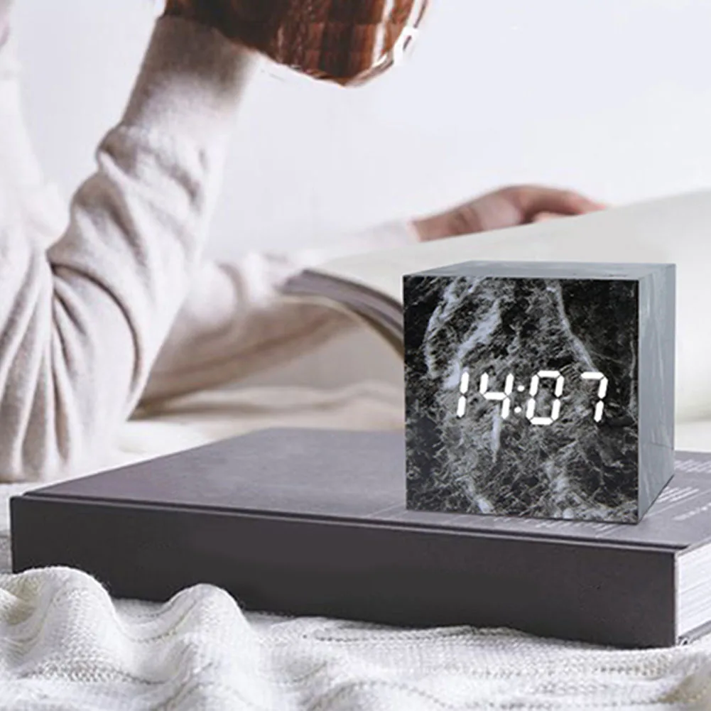 Led Bedside Bedroom Calendar Digital Display Square USB Powered Voice Control Desktop Decorative Electronic Clock Marble Vein