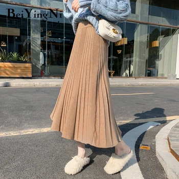 

Beiyingni Autumn Winter Skirts Women Plain Elastic Band Thick Warm Maxi Knitted Skirt Midi Ladies Plain Faldas Jupe Femme Casual