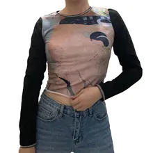 

Ladies Round Collar Polyester T-shirt Spring Autumn Women Leisure Style Abstract Printing Long Sleeve Tops Slim Base
