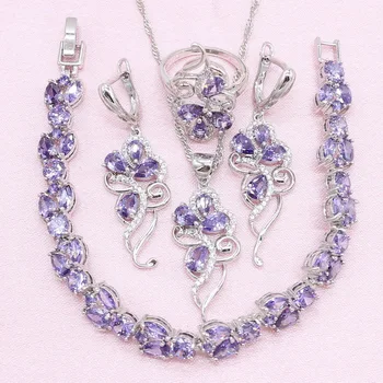 

New Arrivals Wedding Silver Color Jewelry Sets For Women Purple Cubic Zirconia Exquisite Earring Pendant Necklace Ring Bracelet