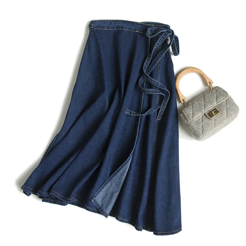 

2019 WOMEN'S Dress Apron Adjustable Girdle Women's High-waisted Medium-length A- line Big Hemline Denim Skirt