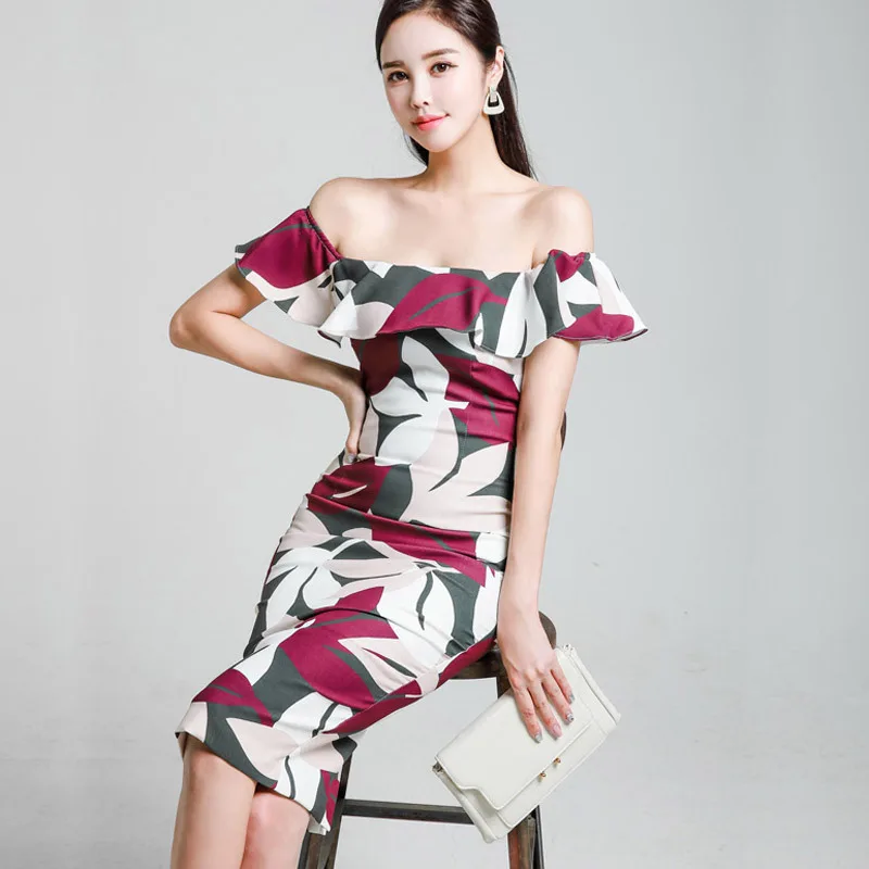 

2019 New Style Korean-style Elegant Debutante Horizontal Neck Flounced Slim Fit Mid-length Sheath Dress Women's 6145