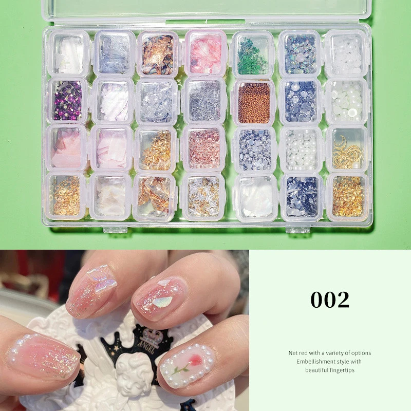 28grids Box 3d Korea Nail Art Charms Shell Rivet Pearl Rhinestone Mix Style Jewelry Decorations For Acrylic Nails Design A1002 Rhinestones Decorations Aliexpress