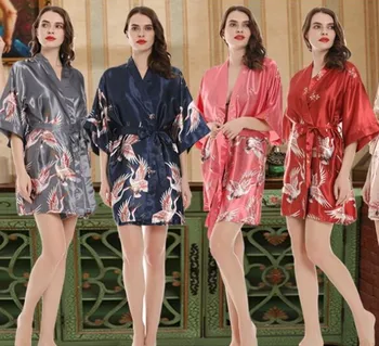 

Silk Crane Pajamas Female Summer Half-Sleeve Morning Gowns Large Size Home Nightgown Bathrobe Wholesale