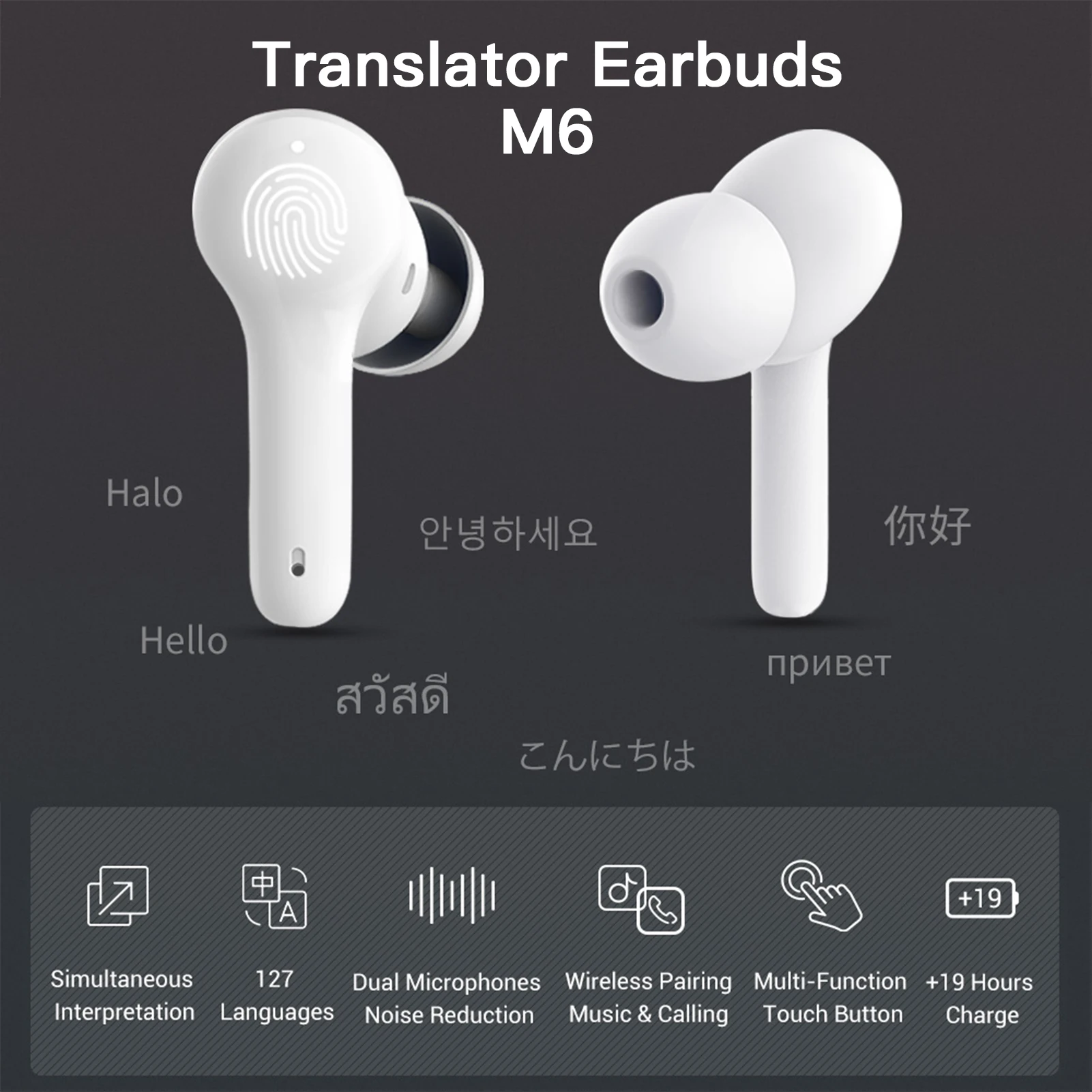 Wireless Earbuds M6 BT Headphone Translator Ear Buds w/ Microphones Charging Case Support Real-time Translation in 71 Languages