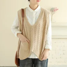 Литературный v-образный вырез витой вязаный жилет женский толстый вязаный жилет сплошной цвет без рукавов свитер свободный свитер