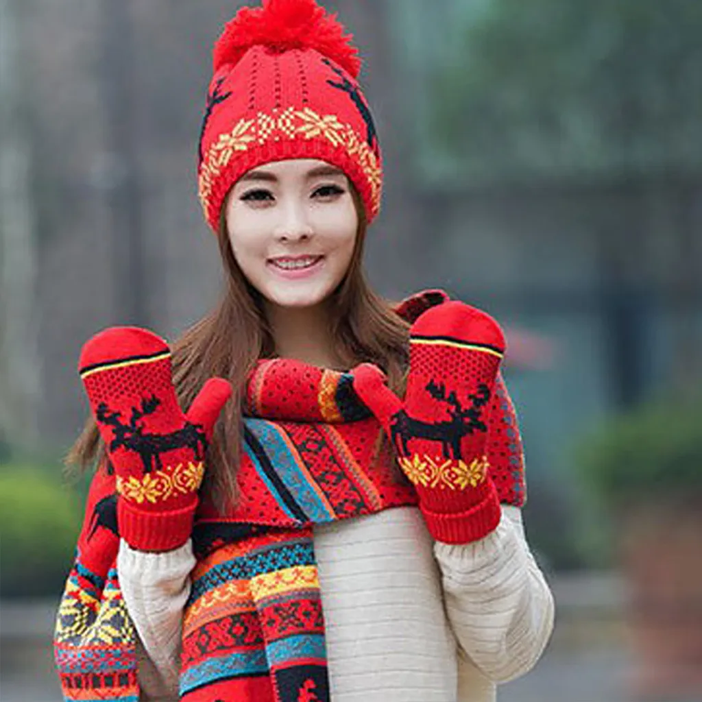 Рождественский шерстяной вязаный теплый шарф перчатки шапка из трех частей зимний теплый дропшиппинг#30