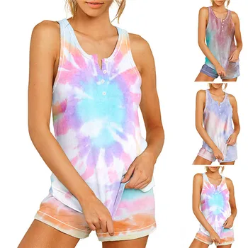 

Women Tie-dye Sleepwear Tracksuit 2Pcs Set Homewear Street Casual Suit Sleeveless Vest Top +Shorts 2020 New Female Nightclothes