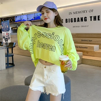 

Short Sweatshirt Women Letter Print Long Bat Sleeve Thin Pullovers 2020 Autumn Winter New Fashion Chic Crop Top E Girl Clothes