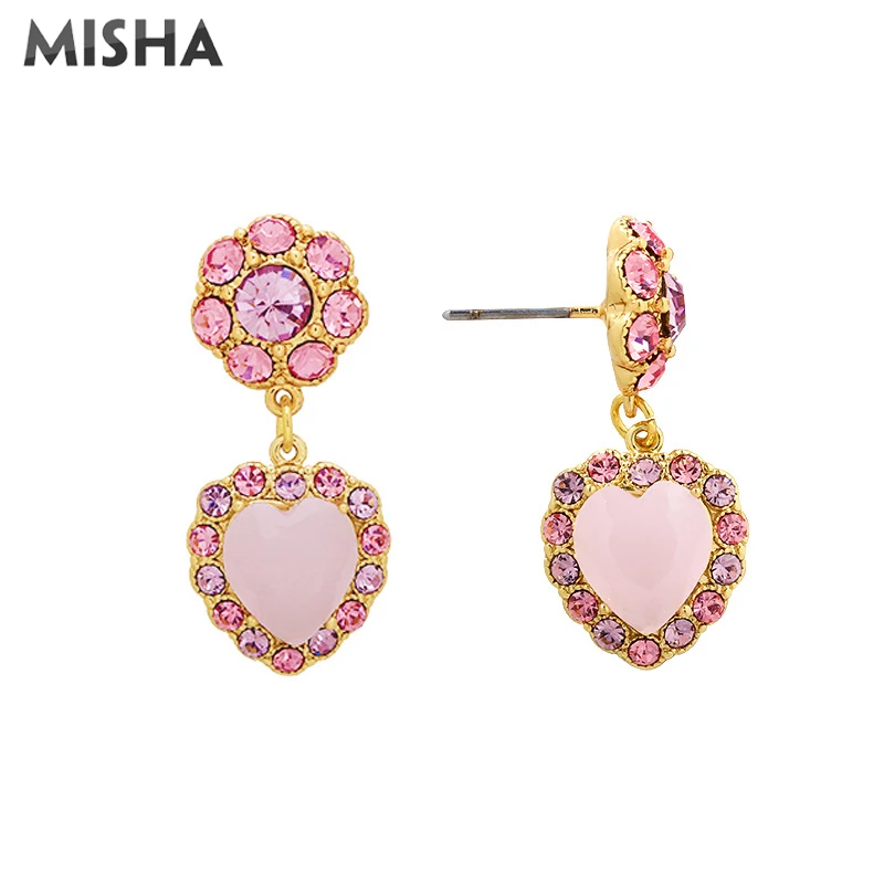 MISHA, модные серьги для женщин, имитация драгоценных камней ручной работы, милые розовые серьги-гвоздики в форме сердца для девочек, подарок на день рождения для девушек