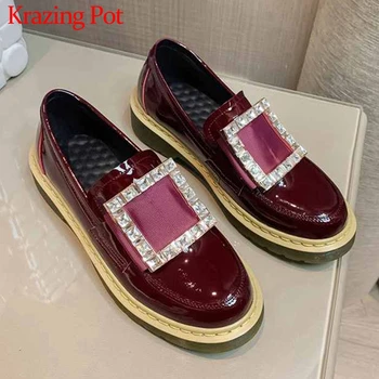 

Krazing Pot bling crystal square buckle genuine leather slip on loafers shoes round toe med heels fashion women spring pumps L16