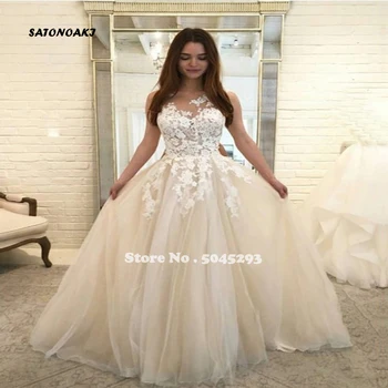 

SATONOAKI 2020 Lace appliques Wedding Dresses Sheer Scoop Neck Sleeveless Boho Bridal Dress Wedding Gowns robe de mariee