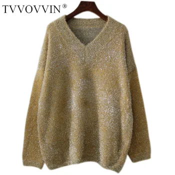 

TVVOVVIN 2020 Autumn Solid Color Yellow Winter V Lead Pullover Flashing Silk Keep Warm All-match Sweater Loose L149