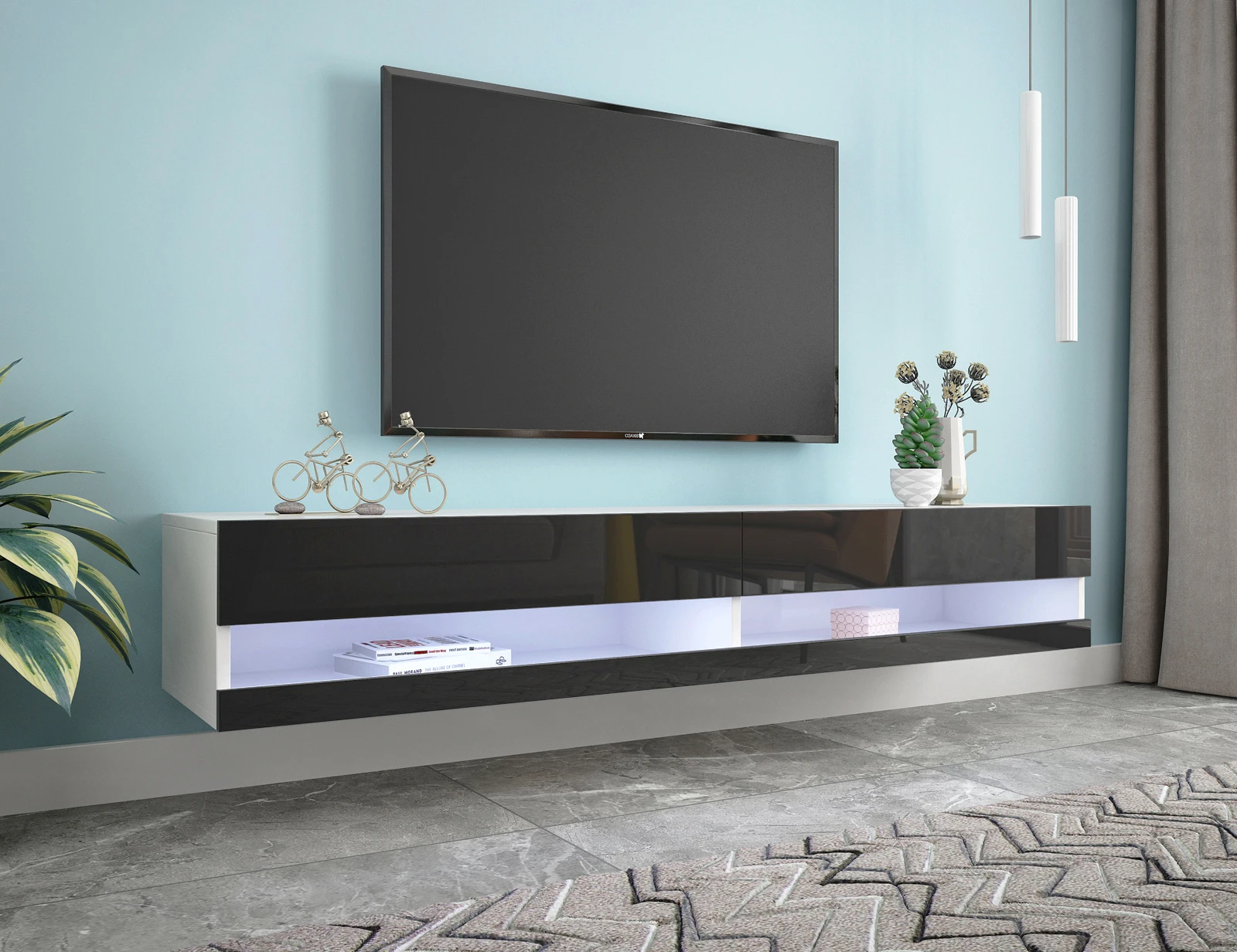 Details about   Wall Mounted Floating TV Stand High Gloss 80" TV Cabinet Console W/ Led Lights 