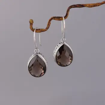 

FNJ Smoky Quartz Earrings 925 Silver Original Pure S925 Sterling Silver Drop Earring for Women Jewelry
