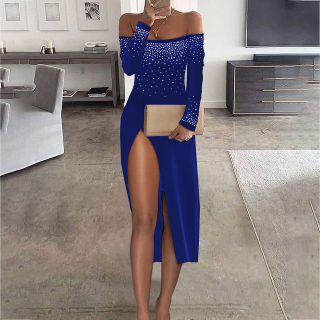 Autumn Women Sexy Rhinestone Strapless Long Sleeve Bright Slim Split Skirt Dress Party Bare Legged Dinner Dress Diamond