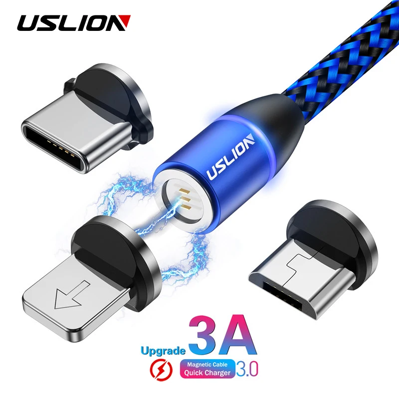 Магнитный кабель USLION 3A для быстрой зарядки iPhone 11 Pro 7 Micro USB Type C Samsung S10 S9 2 м