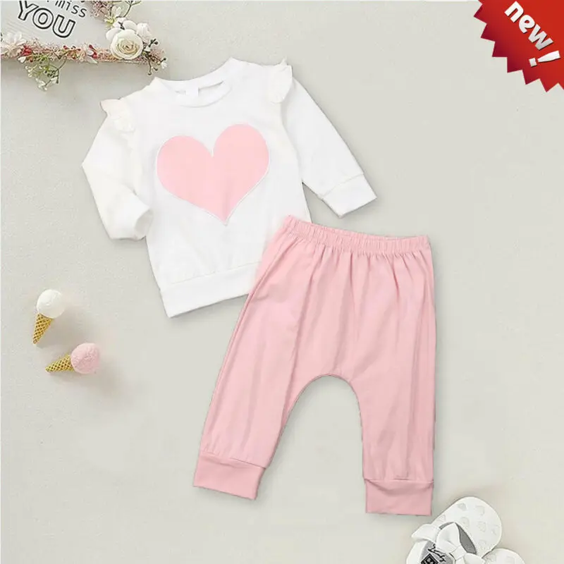 

Baby Girl Pink Clothes Set Autumn Pure Cotton Loving Heart Shape Long Sleeve Blouse +Trousers Newborn Toddler Outfits 2 Piece