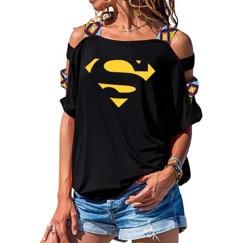 Новая летняя футболка с героями мультфильма «Супермен», женские модные топы, горячая Распродажа, сексуальная открытая футболка с коротким рукавом и открытыми плечами - Цвет: 3