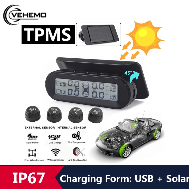 VEHEMO беспроводной TPMS давление в шинах внешний датчик приборная панель солнечная мощность ЖК-дисплей цифровой датчик давления в шинах Система мониторинга давления в шинах