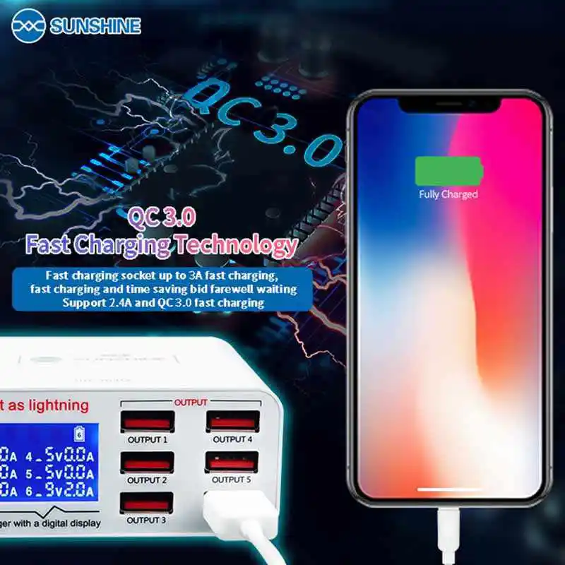 Солнечный свет последние QC 3,05 V 2.0A зарядное устройство шесть портов USB разъем для мобильного телефона Быстрая зарядка Напряжение Ток дисплей источник питания