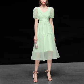 

Seifrmann Fashion Runway Designer Midi Dress Women Solid Puff Sleeve Belted Elegant Holiday Slim Vintage Solid Summer Dress 2020