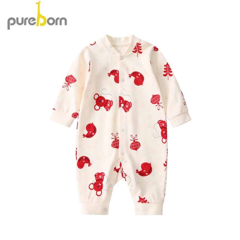 

Pureborn Newborn Baby Jumpsuit For Boys Girls Clothing Long Sleeve Cotton Cartoon Mouse Romper New Year Christmas Clothes