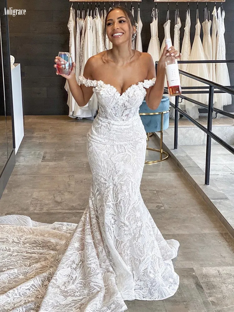 

2021 Off the Shoulder Lace Mermaid Wedding Dresses Appliques Flowers Sleeveless Bridal Gowns Vestido De Noiva Zipper Back