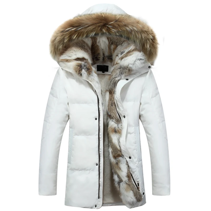 Зимний мужской пуховик с натуральным мехом, модная повседневная пуховая парка, мужские утепленные куртки с капюшоном, женские пуховики размера плюс 5XL - Цвет: Белый