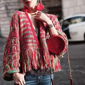 

HAMALIEL 2019 Runway Designer Women Tassel Loose Sweater Coat Fashion Fall Winter Rainbow Knitted Weave Lantern Sleeve Cardigan