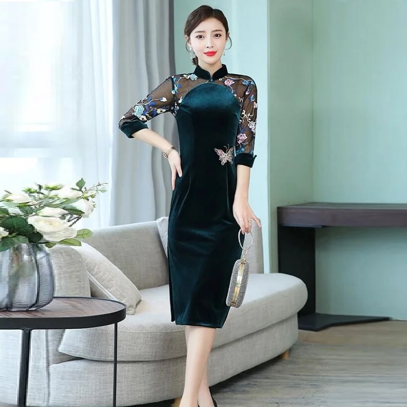 Зеленый cheongsam Qipao бархатное платье Чонсам средней длины элегантное китайское платье es с кружевными рукавами для девочек Чай Длина Qi Pao стильное традиционное китайское платье FF2236