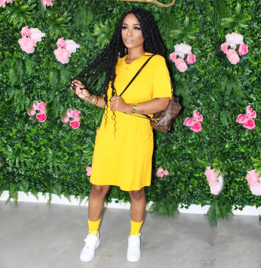 Solid Color Women O Neck Short Sleeve Casual Boho Beach Dress Black/yellow/army  Green Loose With Pocket Summer Dress - Dresses - AliExpress