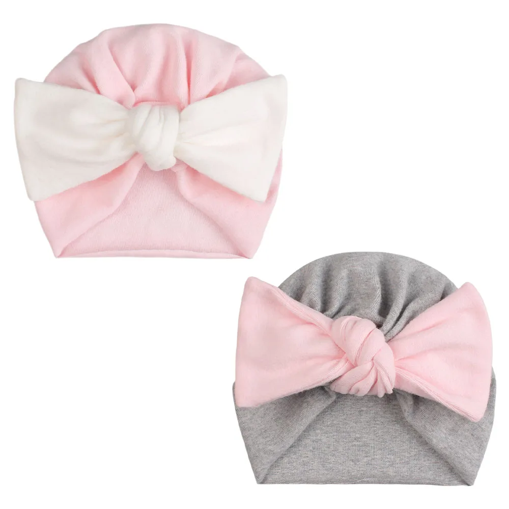 Pink Gray Set B Детская шапочка с узлом, набор перчаток из хлопка для новорожденных мальчиков и девочек, больничная Кепка, легкая дышащая удобная шапочка с защитой головы - Цвет: Pink Gray Set B