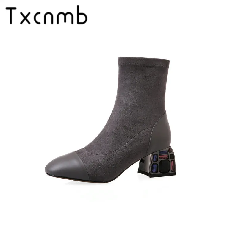 

TXCNMB New Boots Women Ankle Boots Cow Leather Round Toe Short Boots Warm Winter Party High Heels Shoes Woman