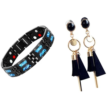 

3 Pcs Jewelry: 2 Pcs Leather Tassel Long Dangle Black & 1 Pcs Bio Energy Bracelet Blue for Man