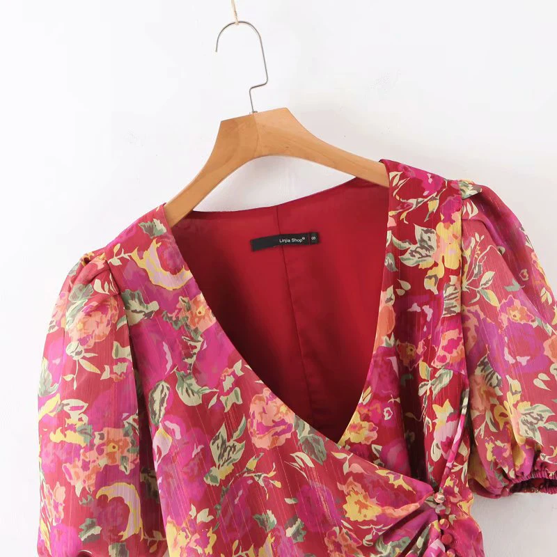 Женская блузка с коротким рукавом za красная винтажная v образным вырезом и