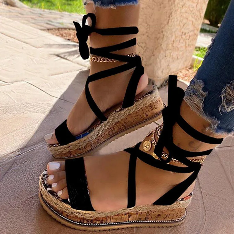 New Summer Women Snake Sandals Platform Heels Cross Strap Ankle Lace Peep Toe Beach Party Ladies Shoes Zapatos Sandals