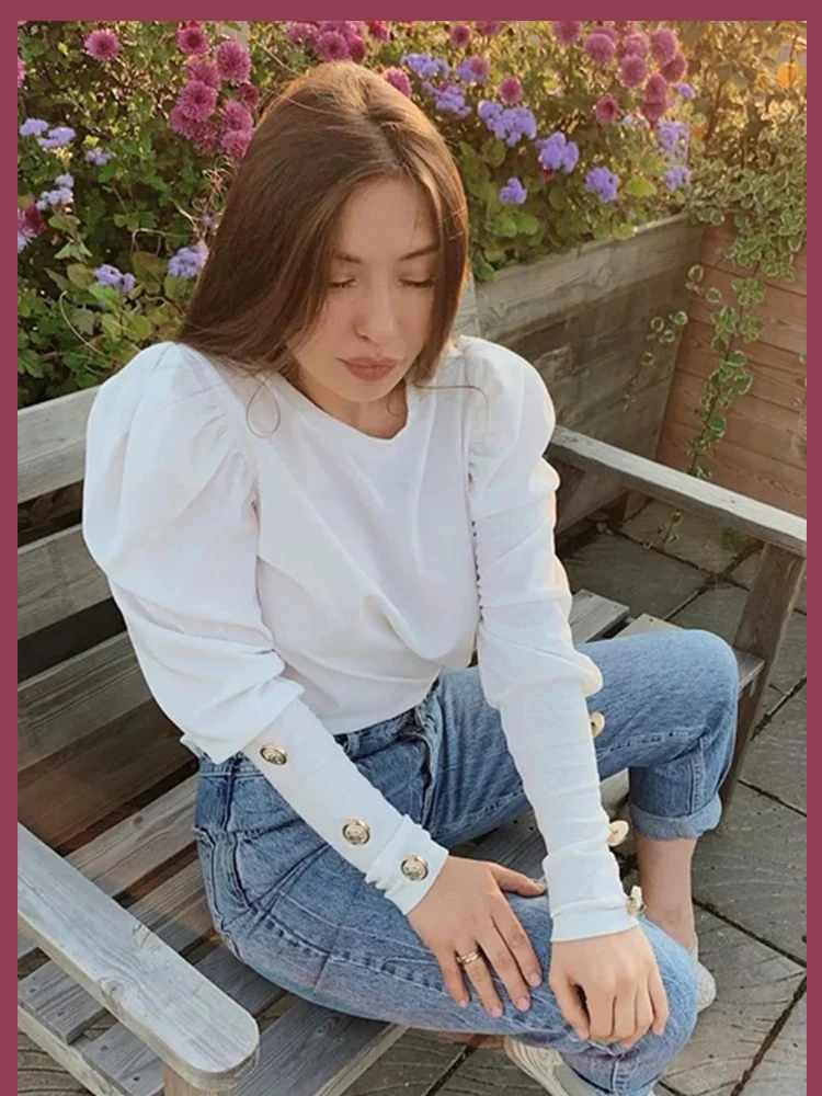 Goede Sheinside Elegante Witte T shirt Vrouwen Lange Mouw Top Bladerdeeg Mouw Met Knop Detail Tee Shirt Femme Herfst Shirts Dames Tops