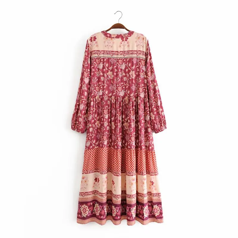 2020 Autumn Womens Maxi Dress Lantern Sleeve Cotton Boho Dress Floral Printing Runway Dress Chic Mujer Vestidos Daily Dresses