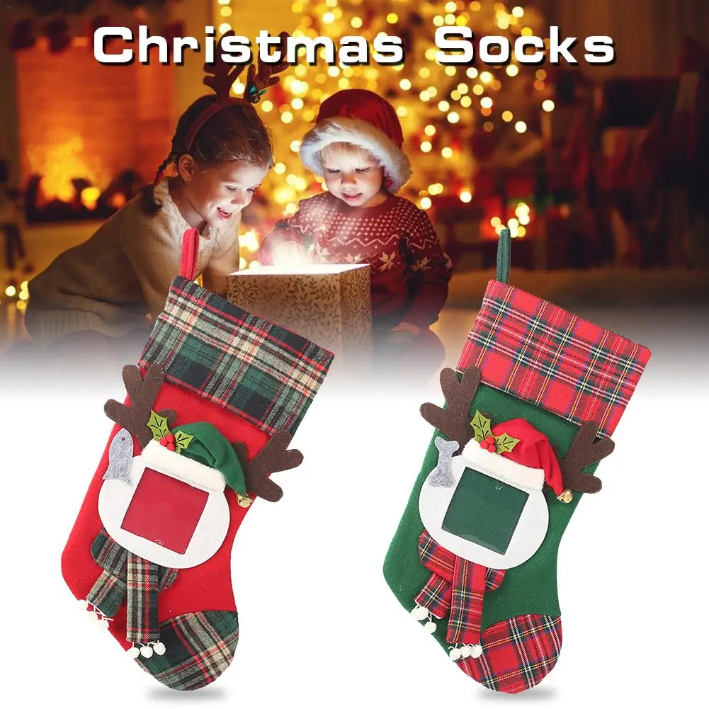 

2019 Christmas Stocking Transparent Photo Frame Plaid Lanyard Christmas Socks Santa Claus Gift Candy Bag New Year Decorations