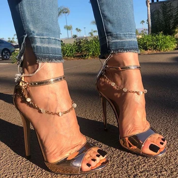 

Rimocy 2020 Bead Chain Summer Fashion High Heels Women Sandals Ankle Strap Stiletto Open Toe Gladiator Sandals Woman Party Shoes
