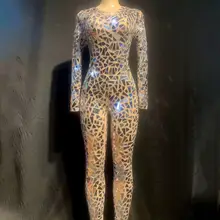 Женский блестящий серебристый зеркальный сексуальный комбинезон, сетчатый танцевальный костюм для сцены, праздничный наряд, ночной клуб, стразы, боди