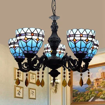 

European modern Tiffany's stained glass Mediterranean Blue Restaurant Internet bar bar living room 5 head Chandelier