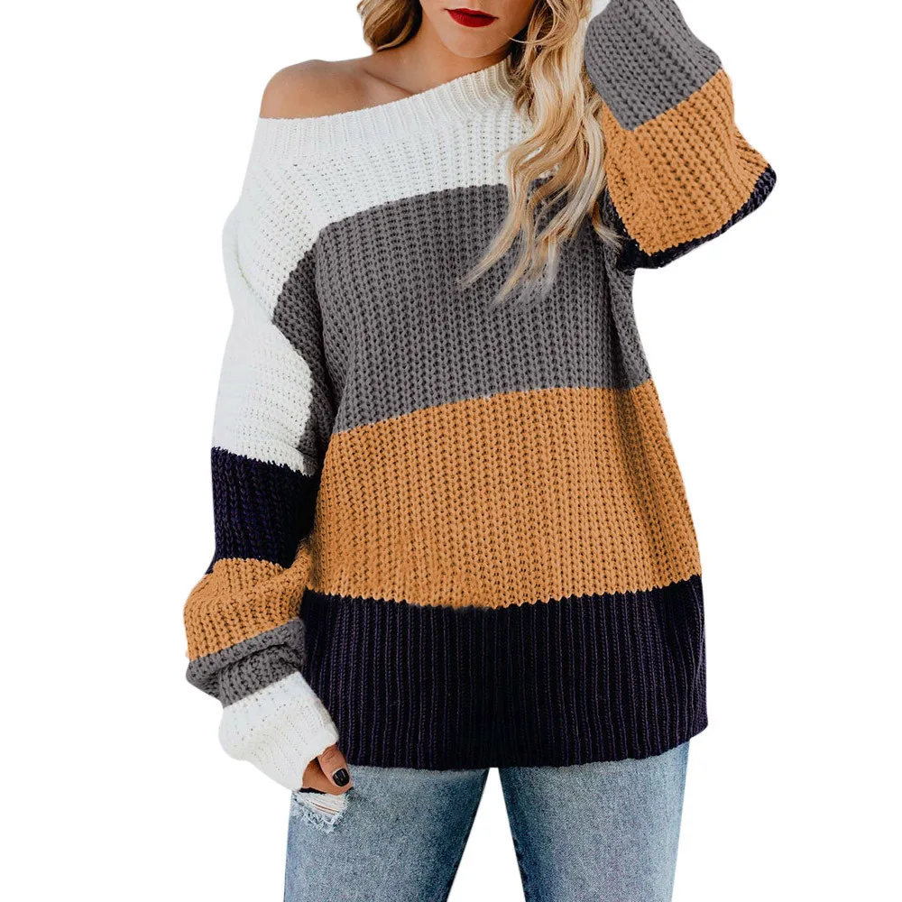 Пуловер с вырезом лодочкой женский s вязаный свитер женский длинный рукав свободный джемпер оверсайз женский свитер-пуловер Плюс Размер# J30