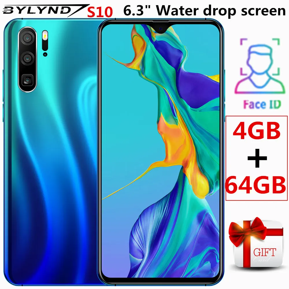 

Global version smartphones Quad core 4GB RAM 64G ROM 13MP face unlocked celular Android mobile phones 6.3" water drop screen S10