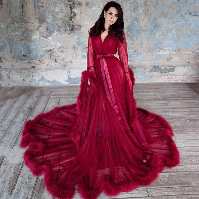 

Eightree Long Sleeves Feather Tulle Evening Dresses Sexy Burgundy Formal Party Prom Dress Plus Size Custom Made Robe De Soiree