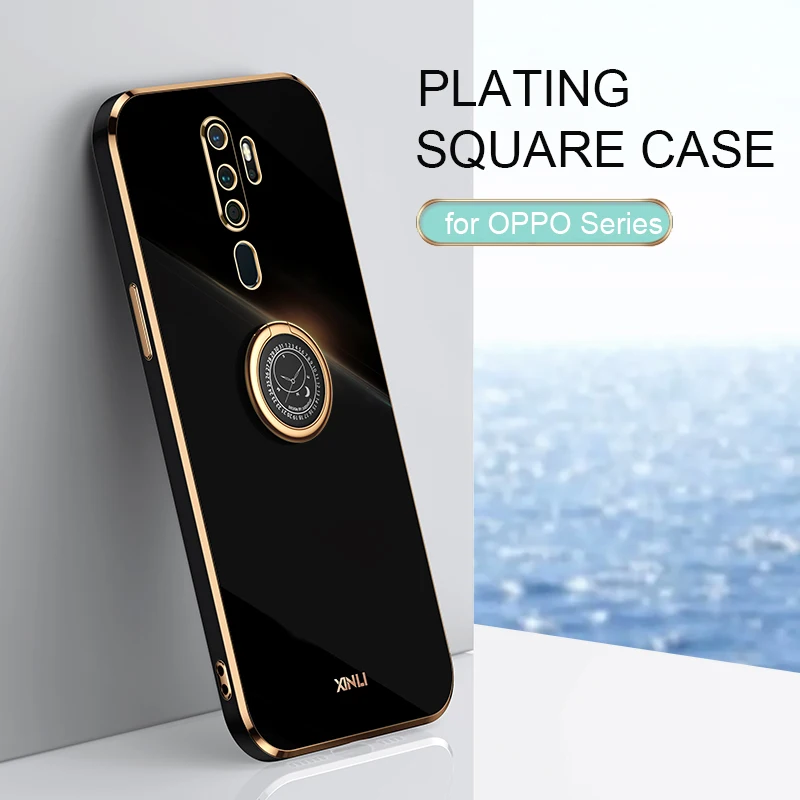 Plating Square Ring Holder Phone Case On For Oppo A9 A5 2020 A32 A52 A72 A92 A53 A54 4g 5g Reno 2 2z Luxury Silicone Stand Cover_voghion.com