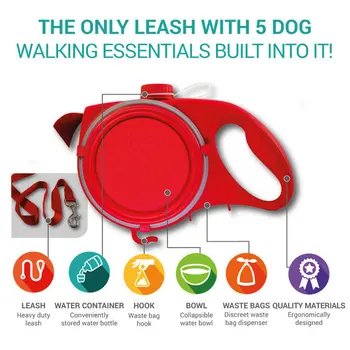 

Multi Function Dog Leash With Built-in Water Bottle Bowl & Waste Bag Dispenser 4 In 1 Retractable Easy Carry Pet Dog leash