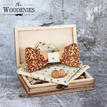 

Promotional Tree Engraved Wooden Bow Tie Handkerchief Cufflinks Set Custom Bow Tie Wood Pocket Square with Box